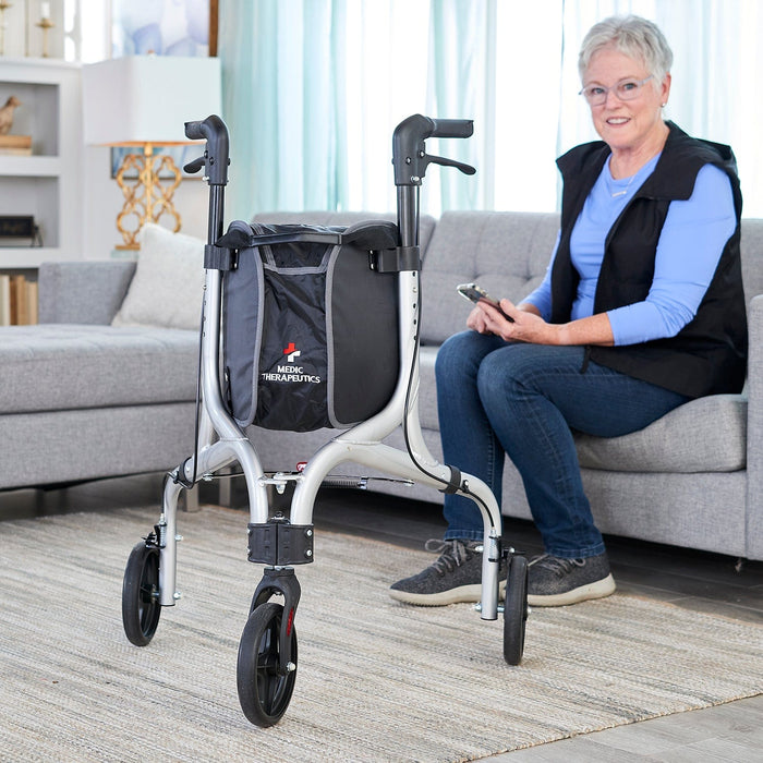 Medic Therapeutics Mobility Lightweight Foldable 3-Wheel Rollator w/ Detachable Storage Bag