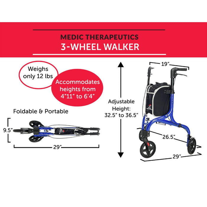 Medic Therapeutics Mobility Lightweight Foldable 3-Wheel Rollator w/ Detachable Storage Bag