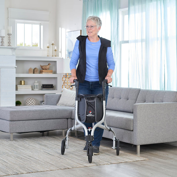 Medic Therapeutics Mobility Lightweight Foldable 3-Wheel Rollator w/ Detachable Storage Bag