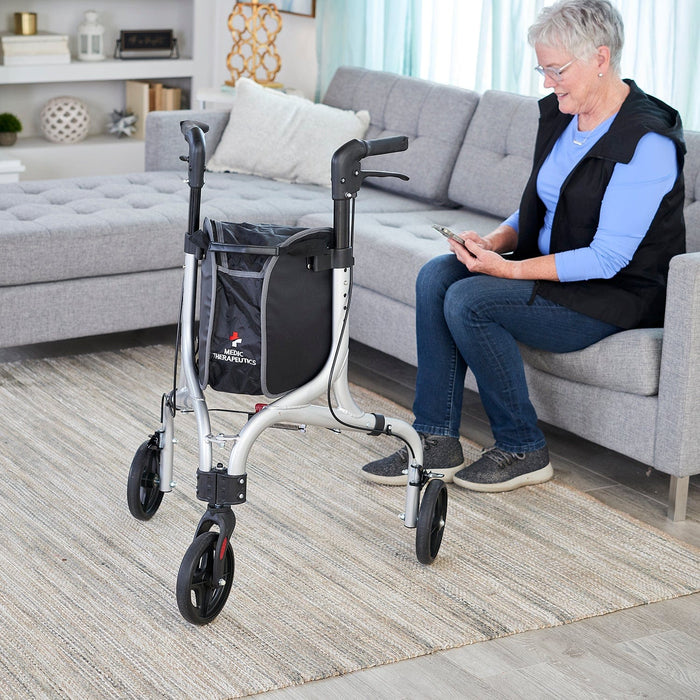 Medic Therapeutics Mobility Lightweight Foldable 3-Wheel Rollator w/ Detachable Storage Bag