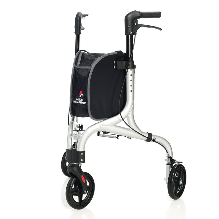 Medic Therapeutics Mobility Silver Lightweight Foldable 3-Wheel Rollator w/ Detachable Storage Bag